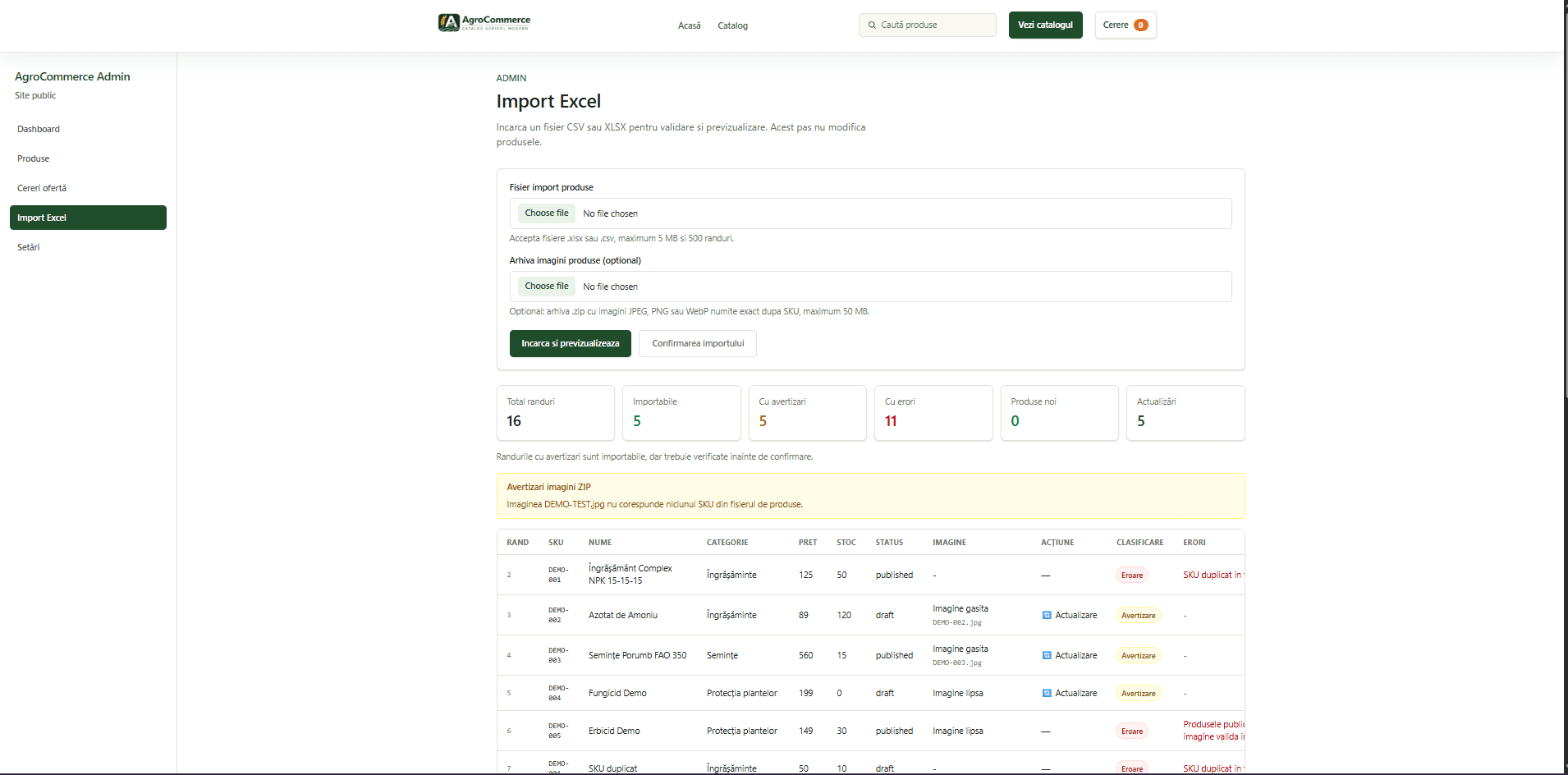 AgroCommerce Excel Import Preview screenshot