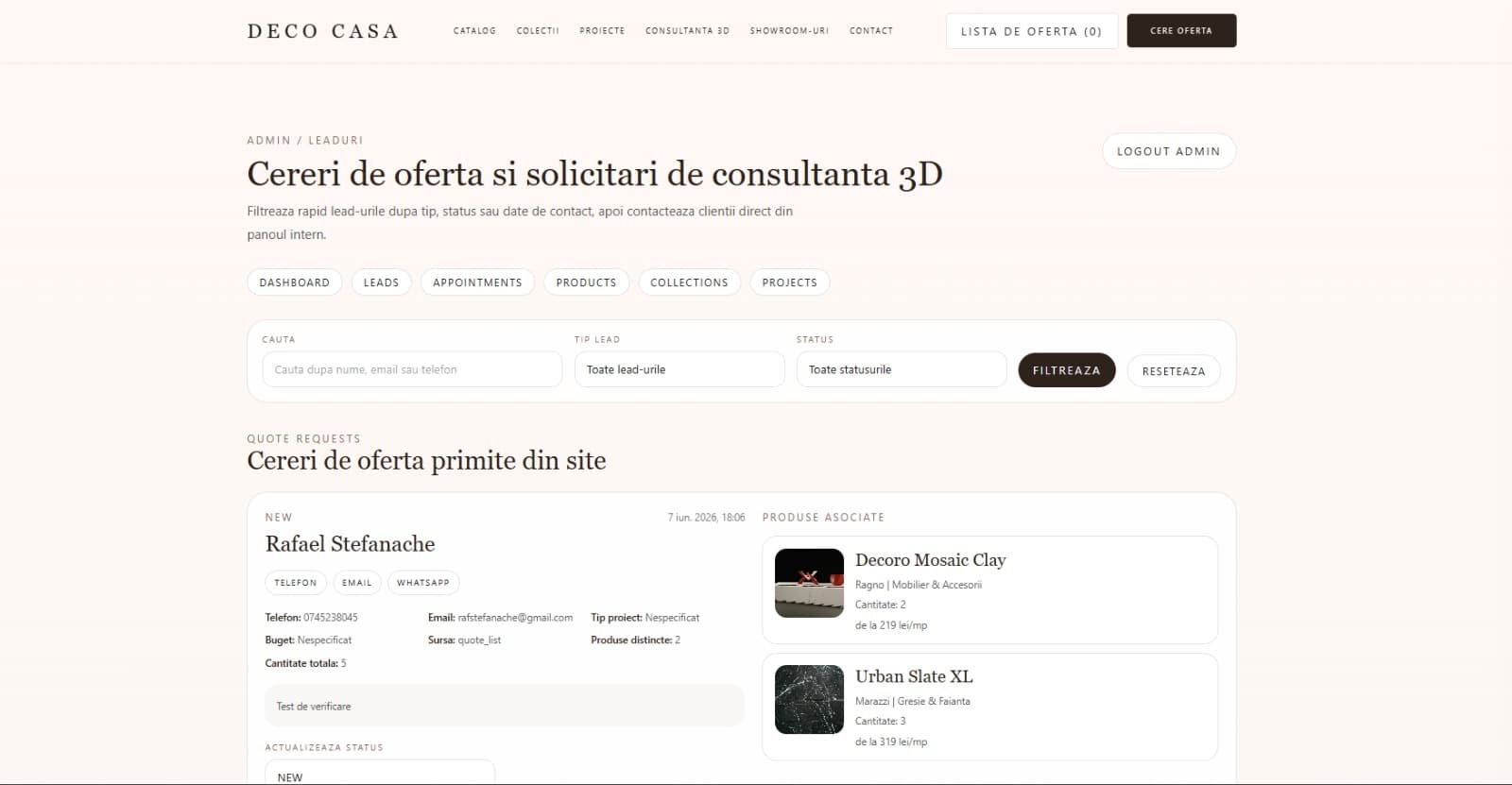 Deco Casa E-commerce Leads Management screenshot