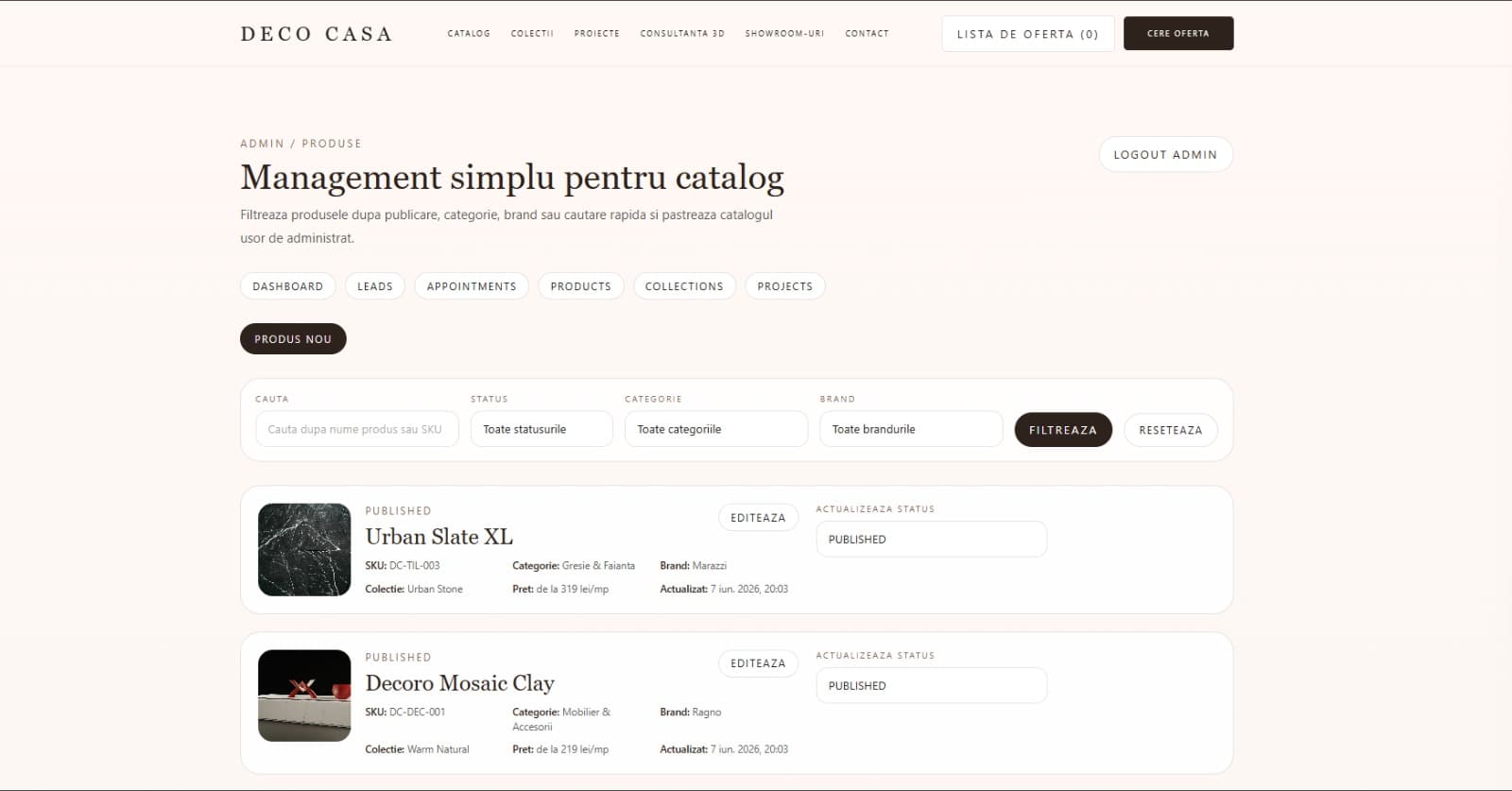 Deco Casa E-commerce Product Management screenshot