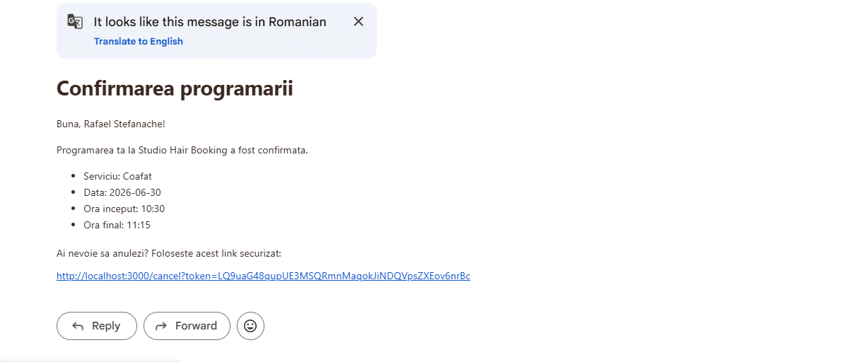 Studio Hair Booking Email Confirmation screenshot