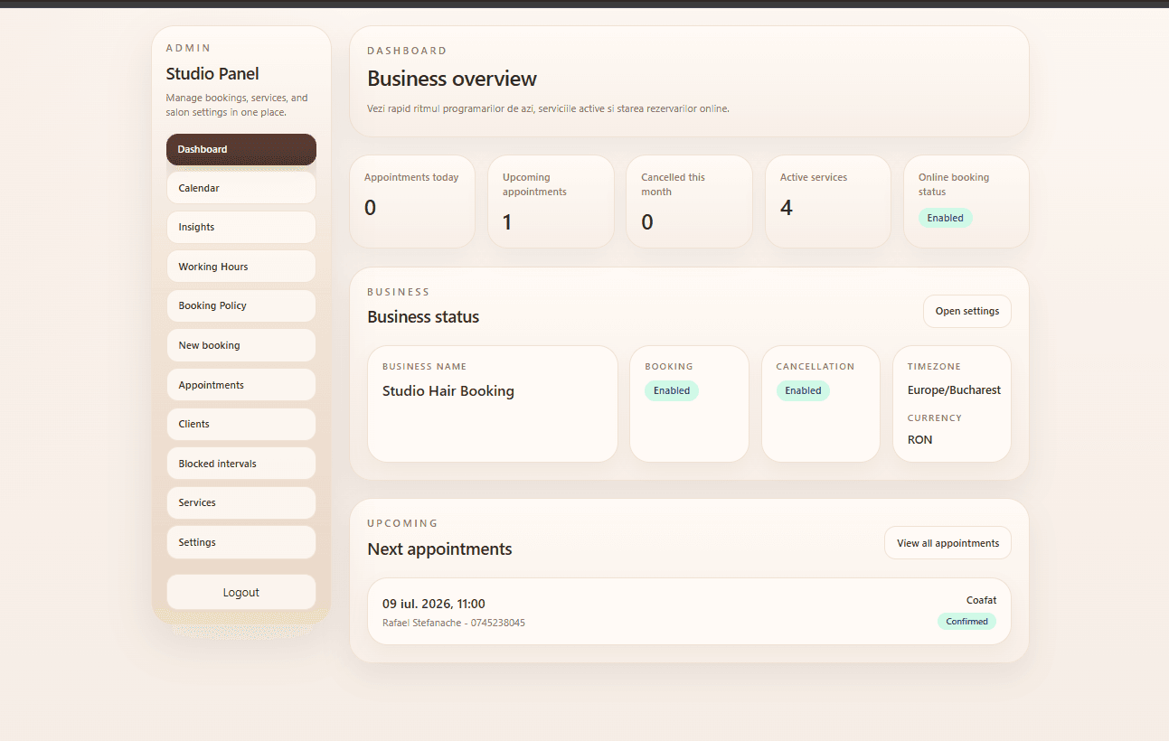 Studio Hair Booking Admin Dashboard screenshot