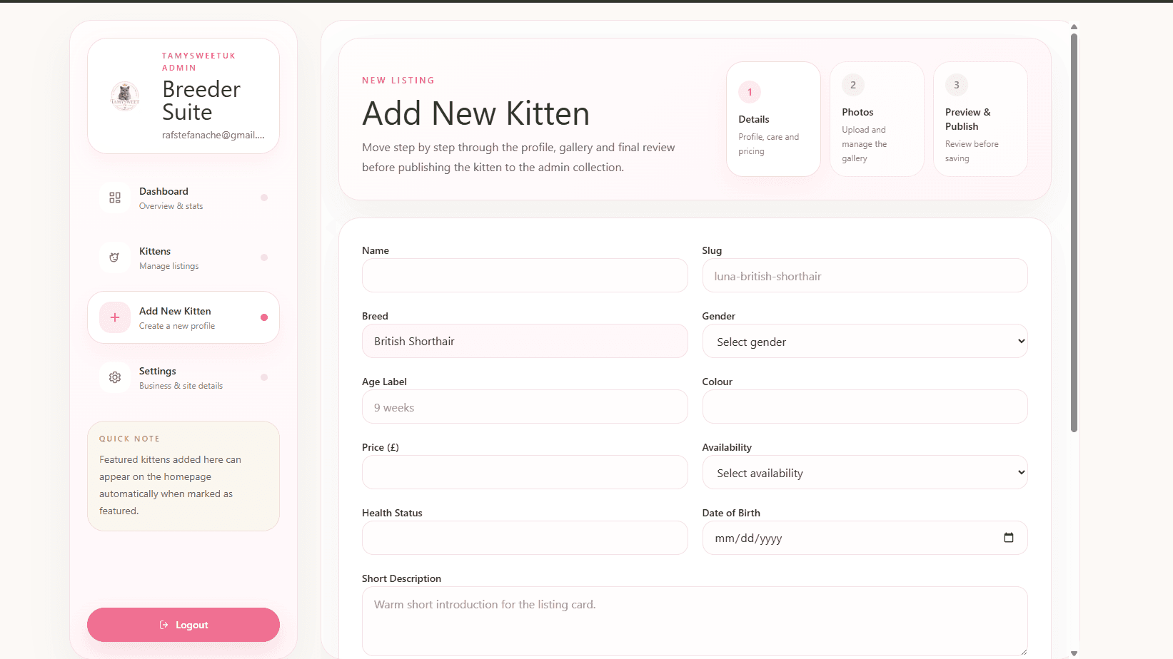 TamysweetUK Breeder Platform Add New Kitten screenshot